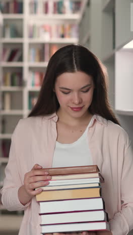 young woman holds books in university library. cheerful student gathers literature pile to write thesis in bookstore. long-haired librarian works in shop