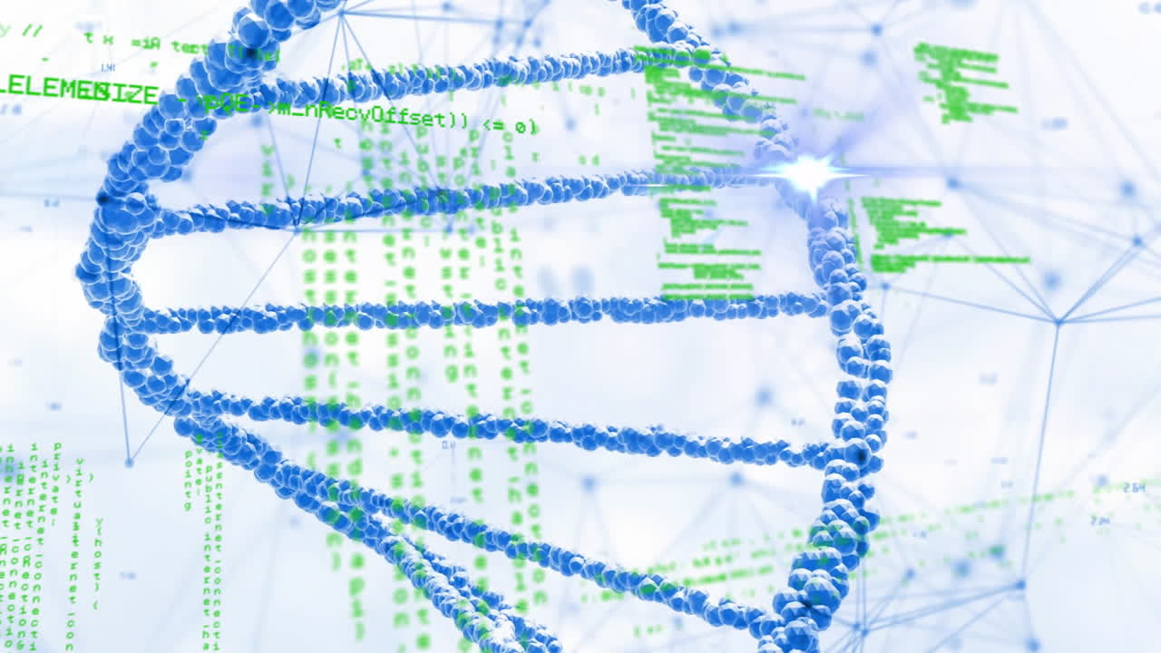 Animation of network of connections over data processing and blue dna strand on white background