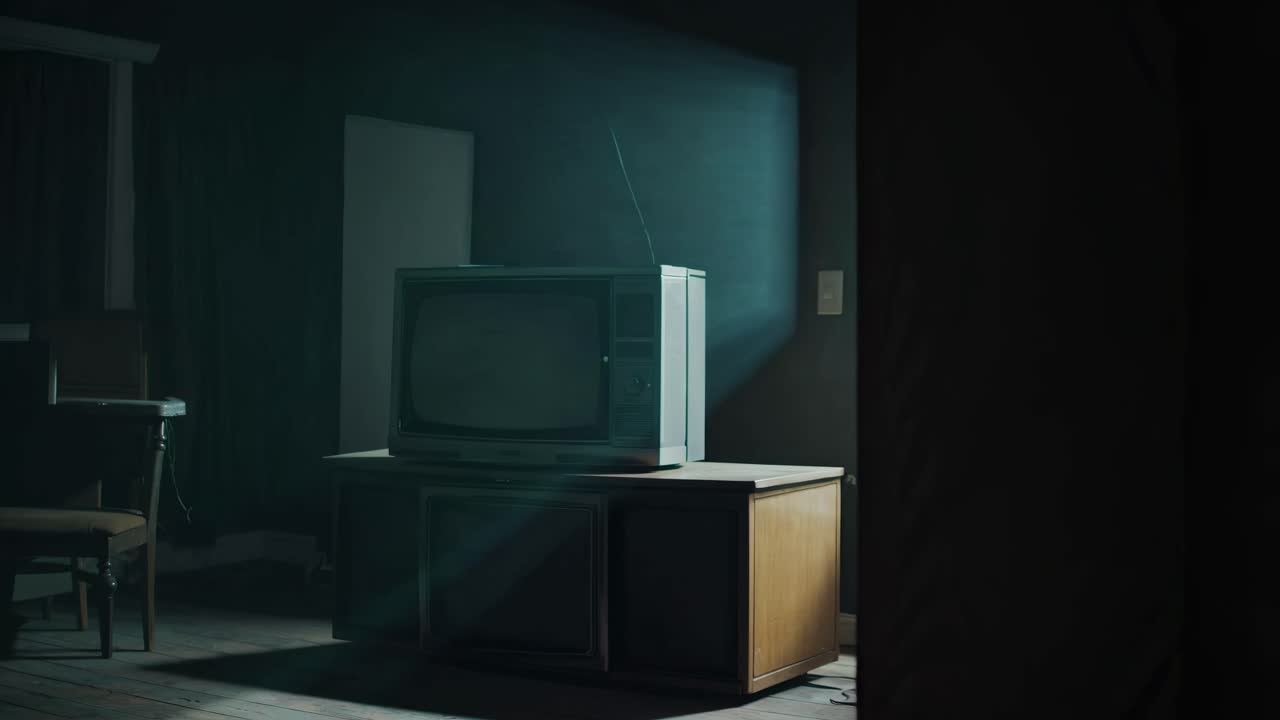 Moody, vintage-style video concept with a low-angle shot of an old TV casting eerie green light