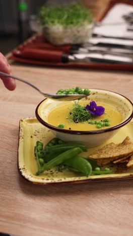 creamy pea soup with tortilla chips