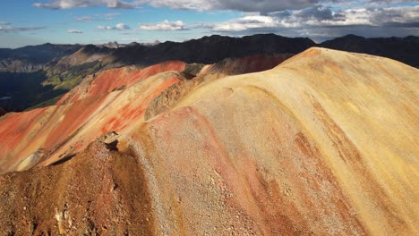 revealing drone shot of red mountain peaks and landscape of san juan mountains on sunny day, colorado usa