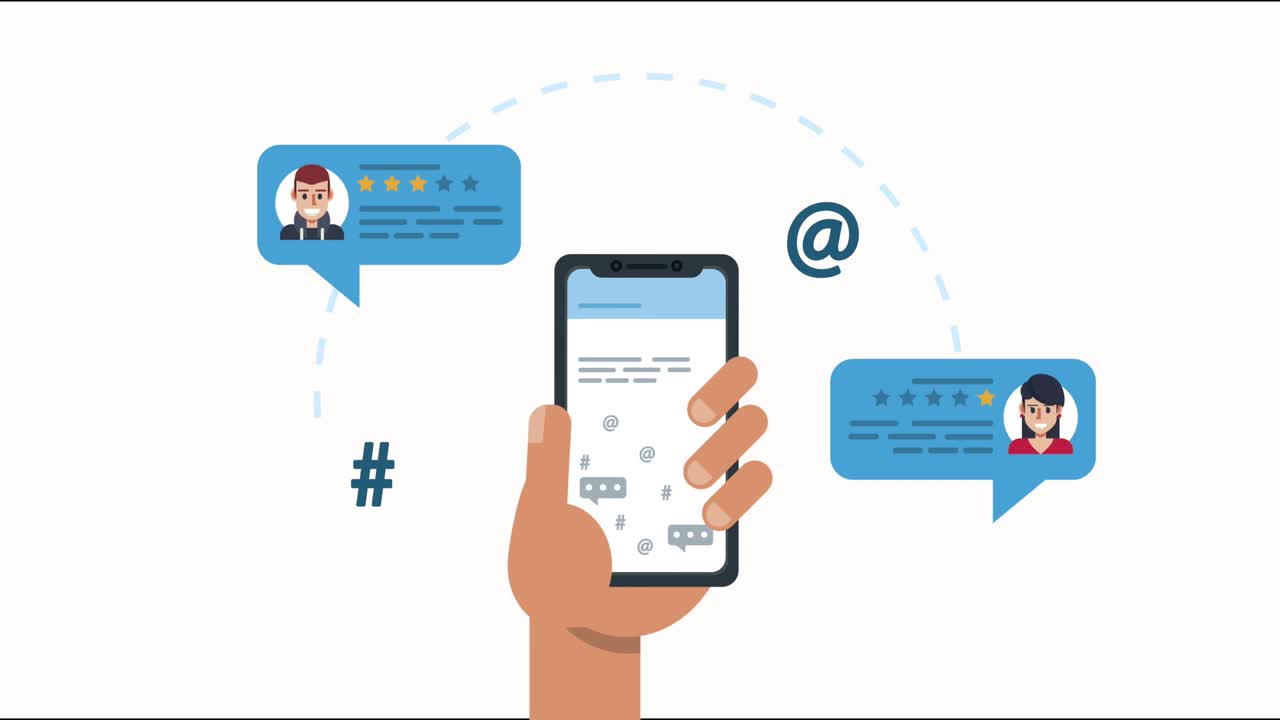 mano con teléfono inteligente y burbujas de chat