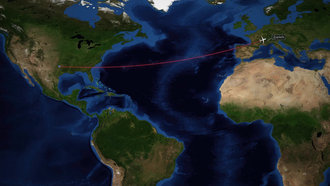 Satellite world map animation tracks an airplane flying from Dallas to Zurich across the Atlantic