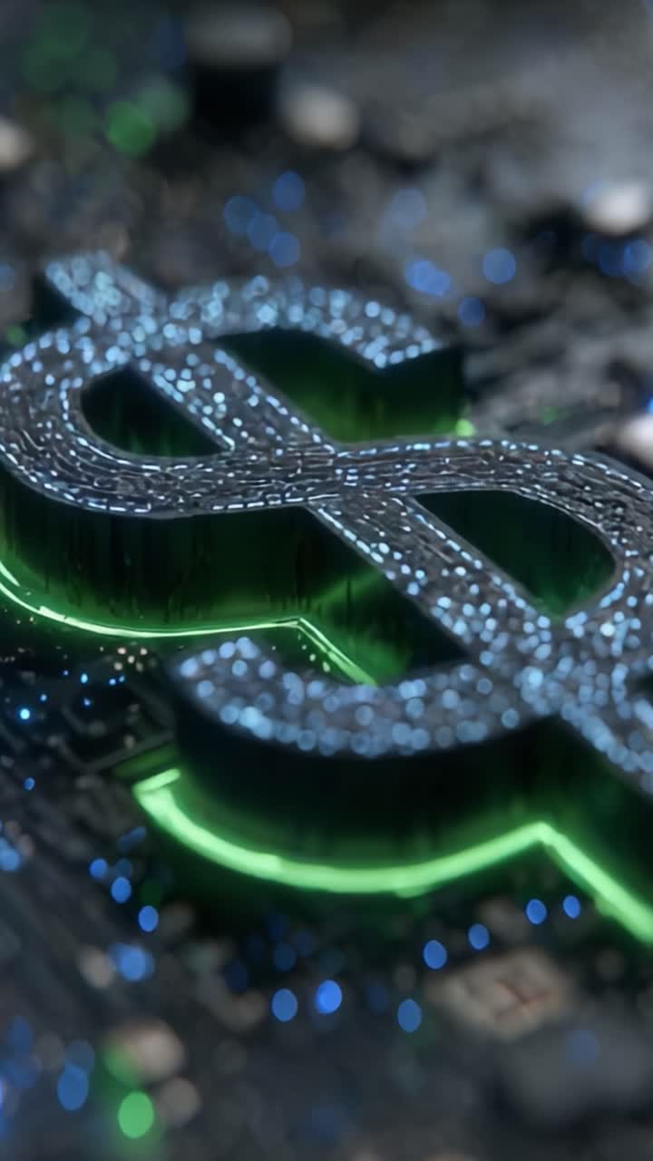 Et levende grønt dollartegn lyser mod en baggrund med et printkort, der symboliserer finansiel teknologi og digital valutatransformation