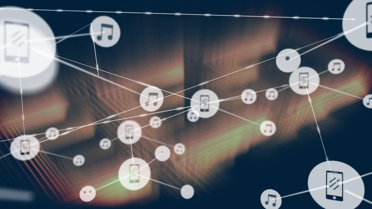 검은 바탕에 갈색 빛 트레일 위에 디지털 아이콘 네트워크의 애니메이션