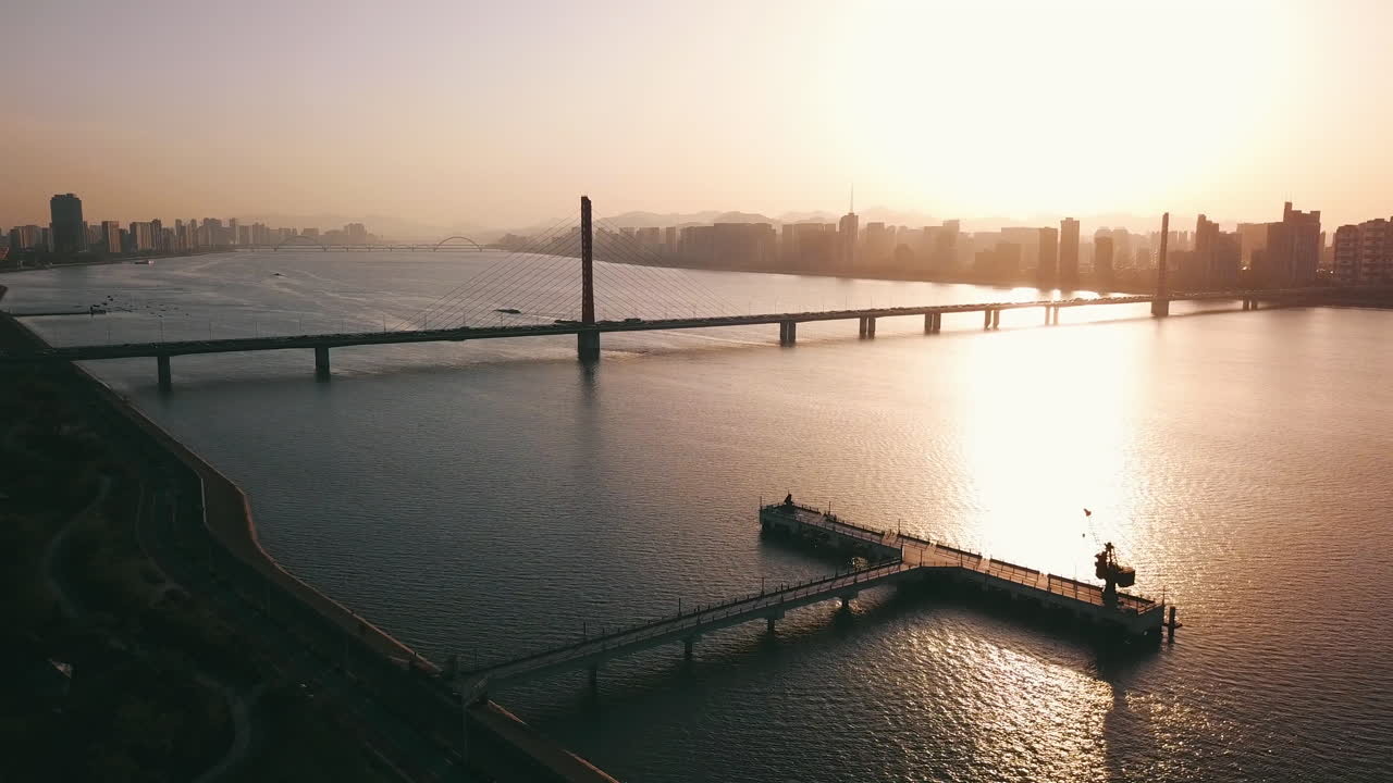 4K Sunset at Qiantang River with Bridge in Hangzhou, China