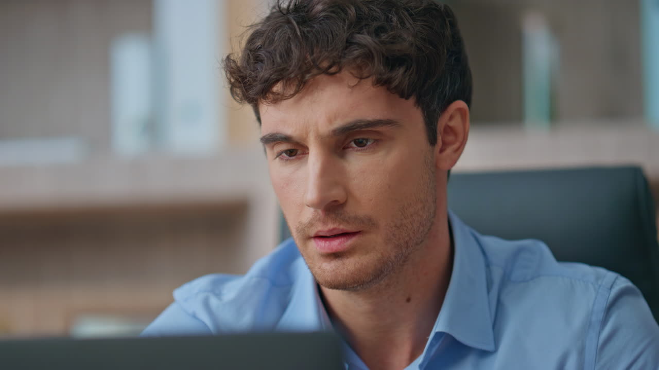 Focused entrepreneur thinking problem solution closeup. Freelancer study papers