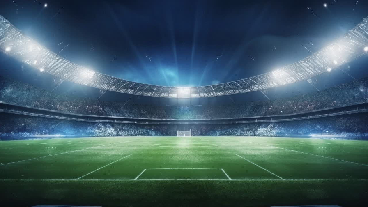 Vista aerea di uno stadio di calcio illuminato di notte, che cattura l'atmosfera vibrante