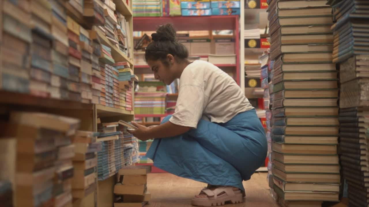 chica asiática sentada y explorando libros a través de estanterías, tiro de ángulo lateral