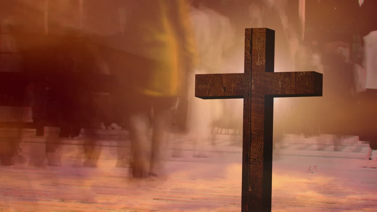 도로 교통 과 백그라운드 에 있는 사람 들 의 무리 의 실루 ⁇  과 함께 크리스천 십자가 의 애니메이션