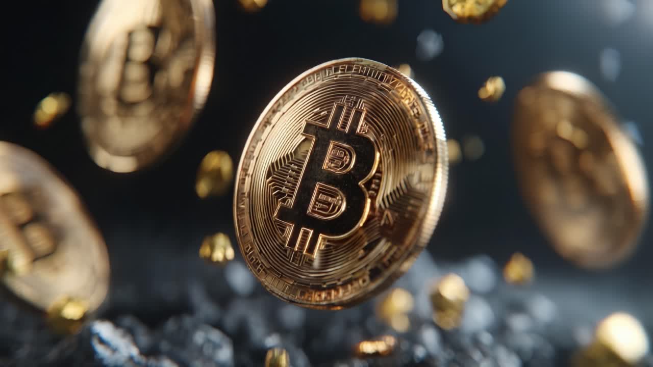 A Stunning Close-Up of Floating Bitcoin Coins Representing Cryptocurrency Wealth and the Digital Economy in a Three-Dimensional Space of Virtual Finance