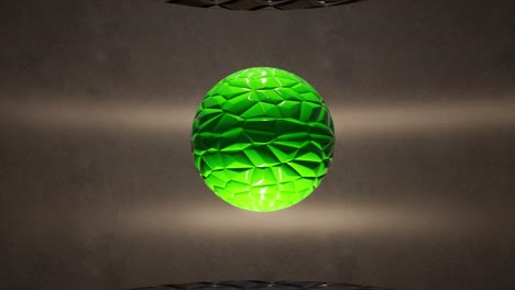 esfera verde brillante girando lentamente en el aire, dentro de un espacio mínimo, con un mapa de relieve aplicado, la cámara de animación 3d se aleja lentamente