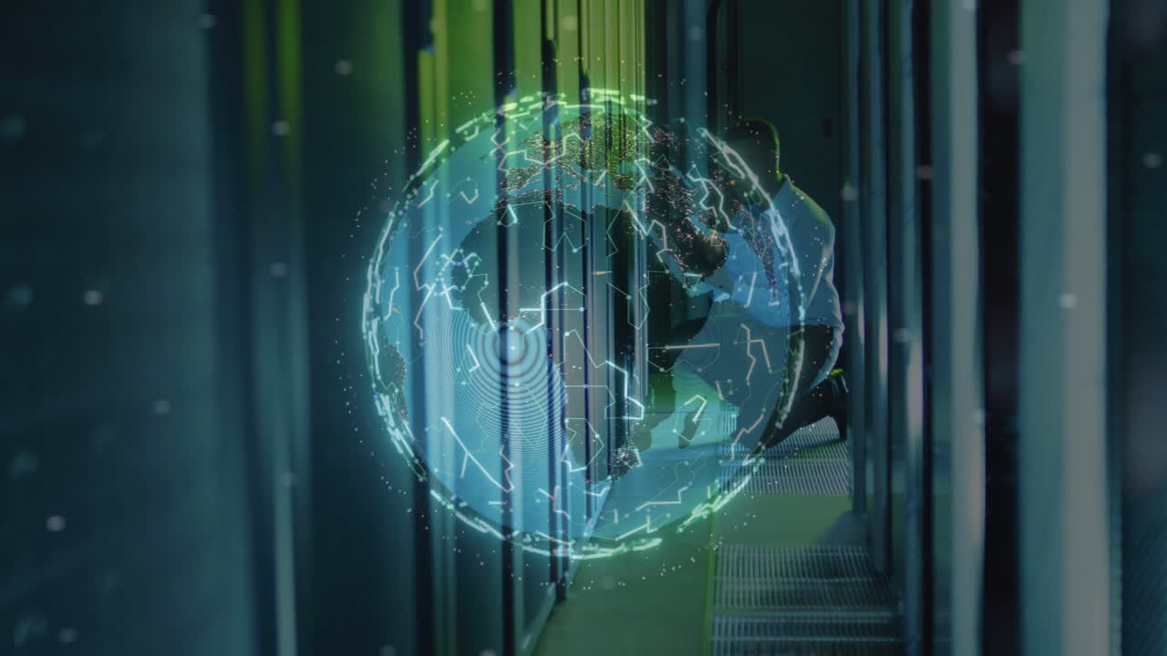 Animation of globe ai data processing over african american man by servers
