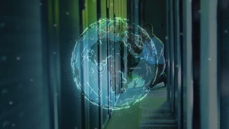 animación de globo ai procesamiento de datos sobre hombre afroamericano por servidores