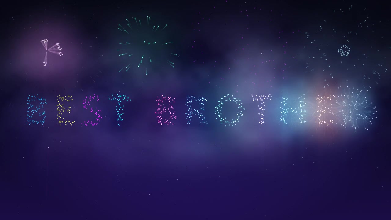 Vivaci fuochi d'artificio colorati formano la scritta "Miglior Fratello" contro una notte buia e stellata, animazione in loop continuo