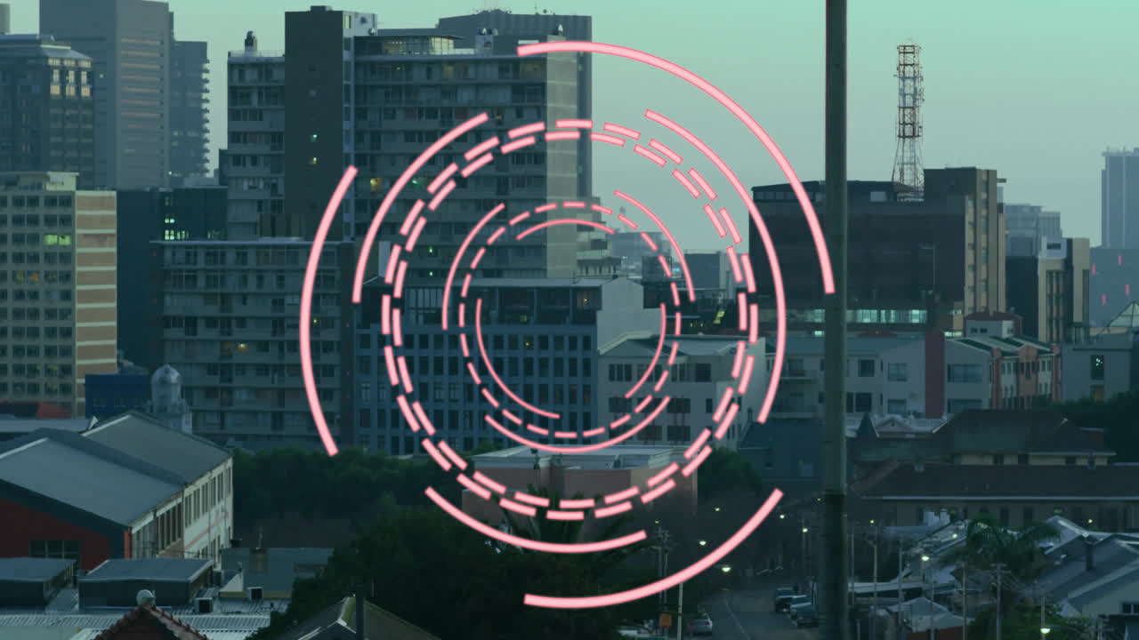 Animation of digital data processing and scope over cityscape