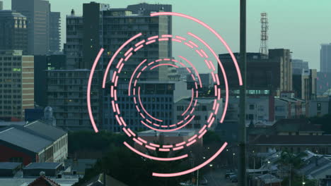 animation of digital data processing and scope over cityscape