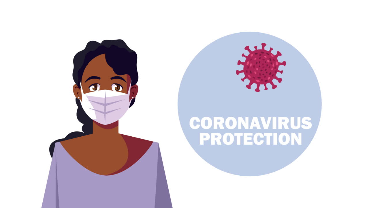 코로나19 입자와 얼굴 마스크를 착용한 아프로 여성