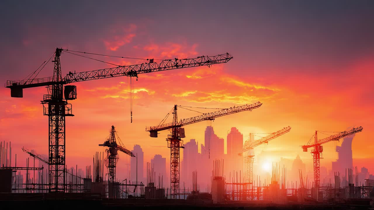 Majestic Sunset Over a City Skyline with Construction Cranes Silhouetted Against a Vibrant Sky, Signifying Growth and Urban Development