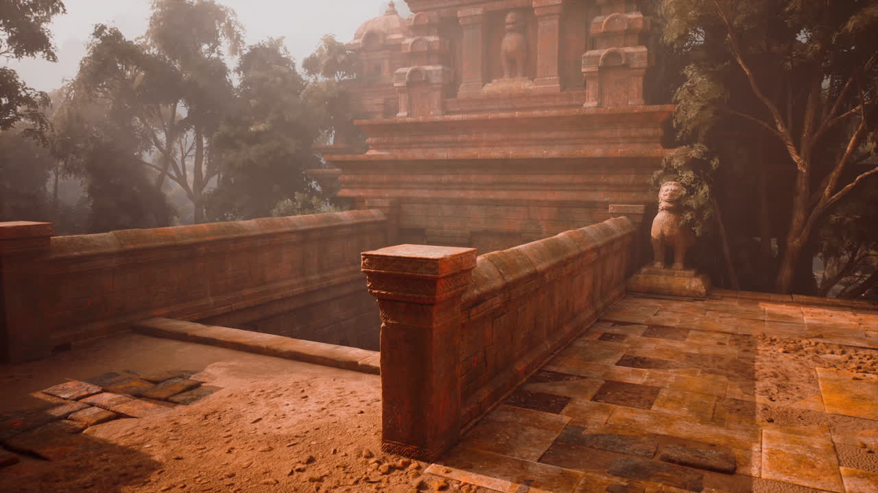 antiguas ruinas de templos en una selva de niebla