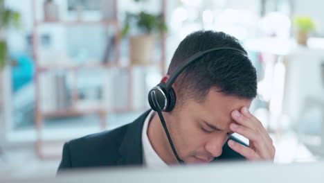 Businessman,-call-center-and-headache-in-burnout