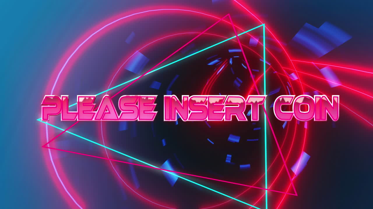 Animation of please insert coin text over moving digital tunnel