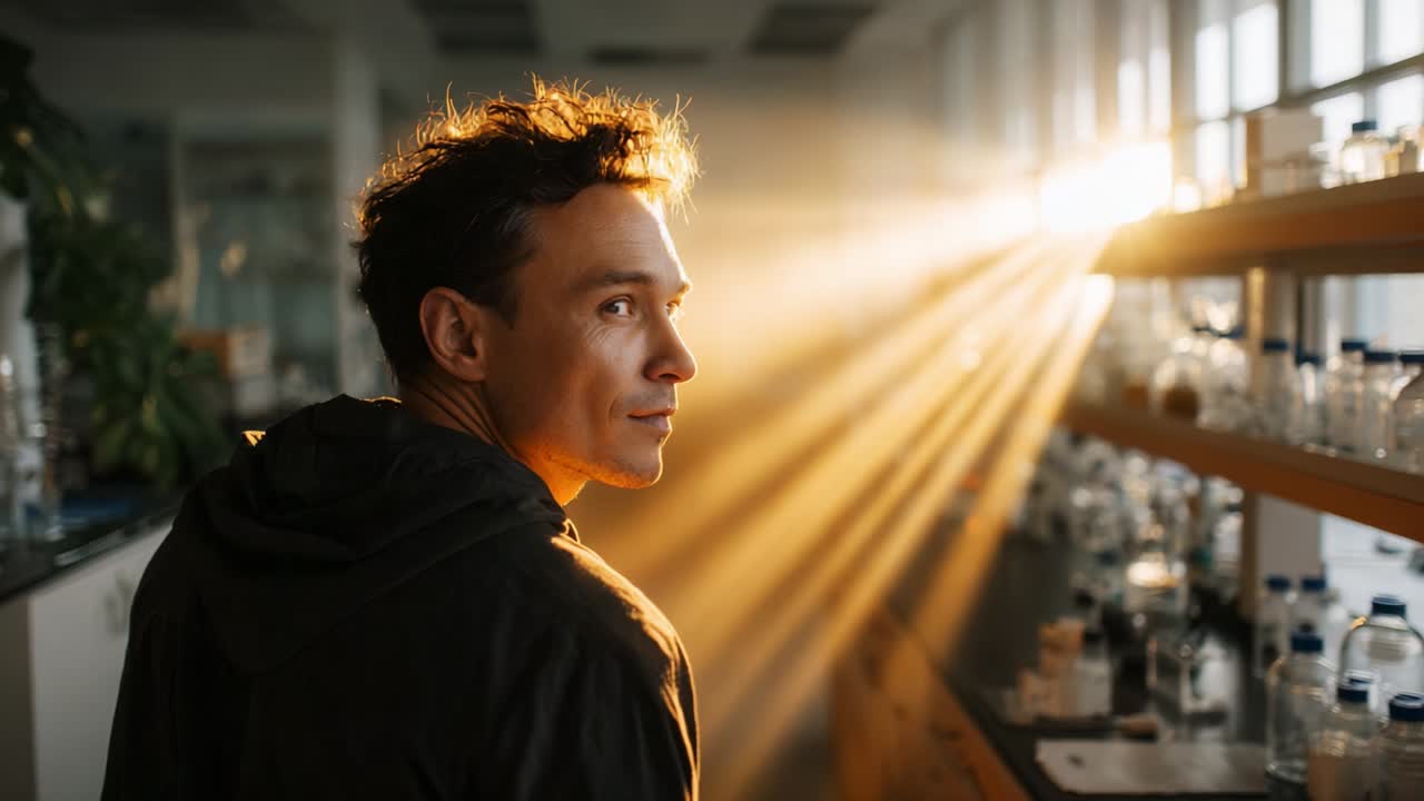 A Pensive Scientist Contemplates Light and Discovery in a Laboratory, Bathed in the Golden Rays of Sunrise, Surrounded by Glass Containers, as Curiosity and Creativity Flourish in the Air