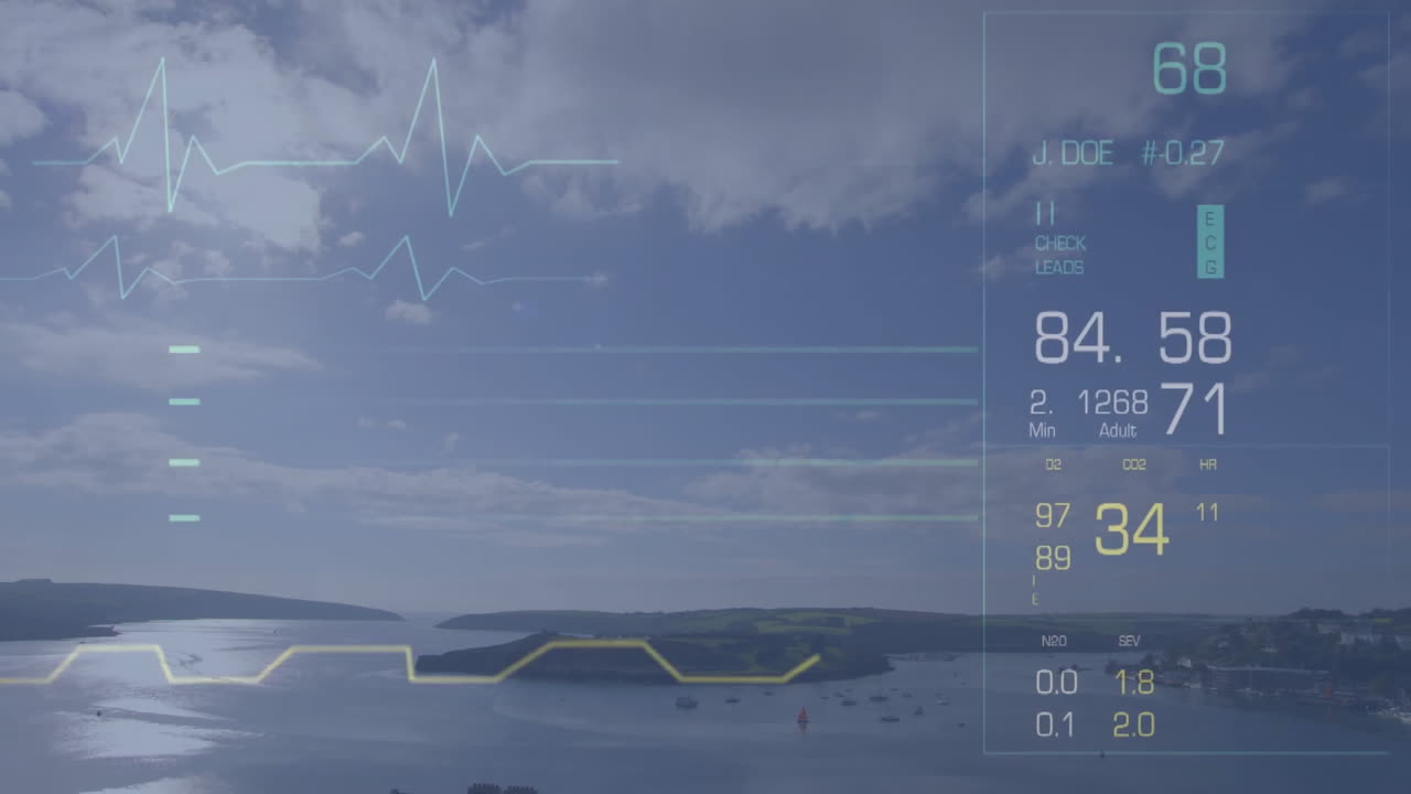 Heartbeat data animation over scenic coastal landscape with clouds and water