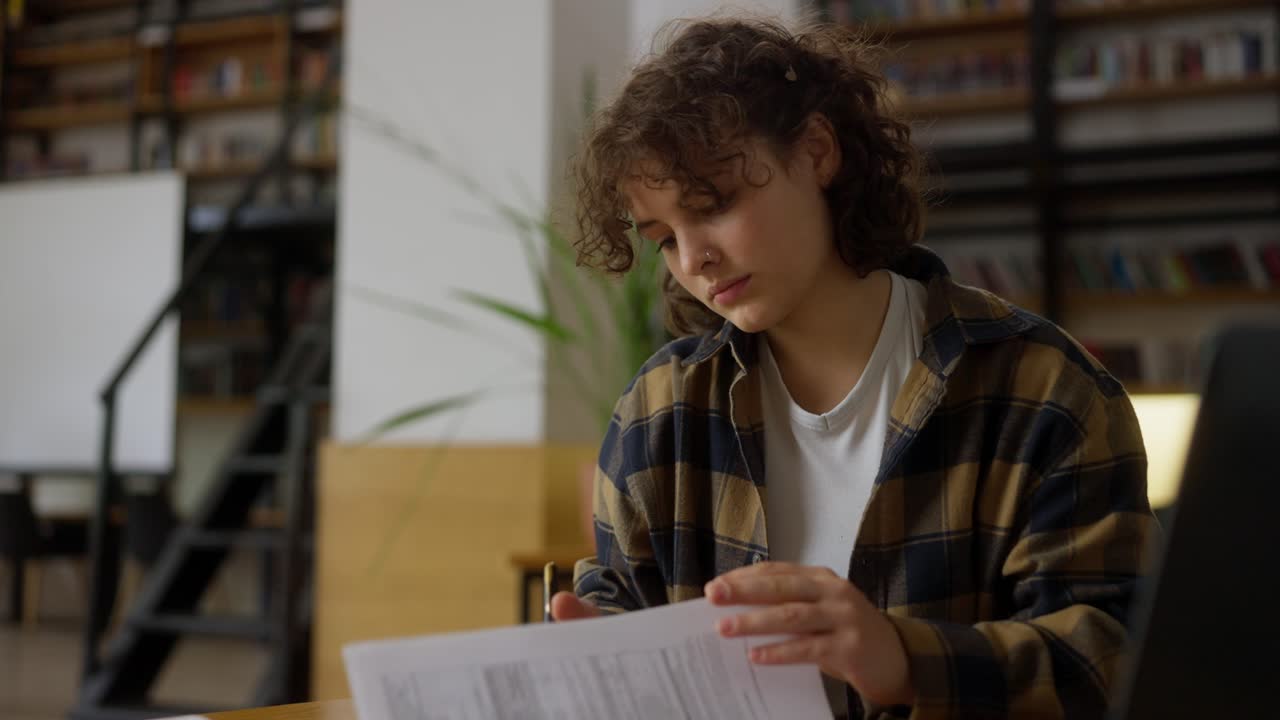 A girl student with piercings with curly hair in a checkered shirt sits at a table and reads protocols for work in the university library