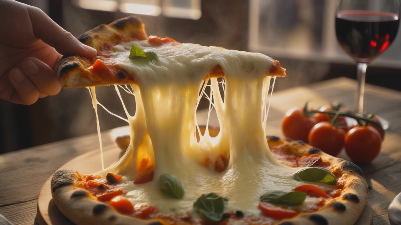 Hånd som løfter et stykke varm, fersk pizza med smeltende ost