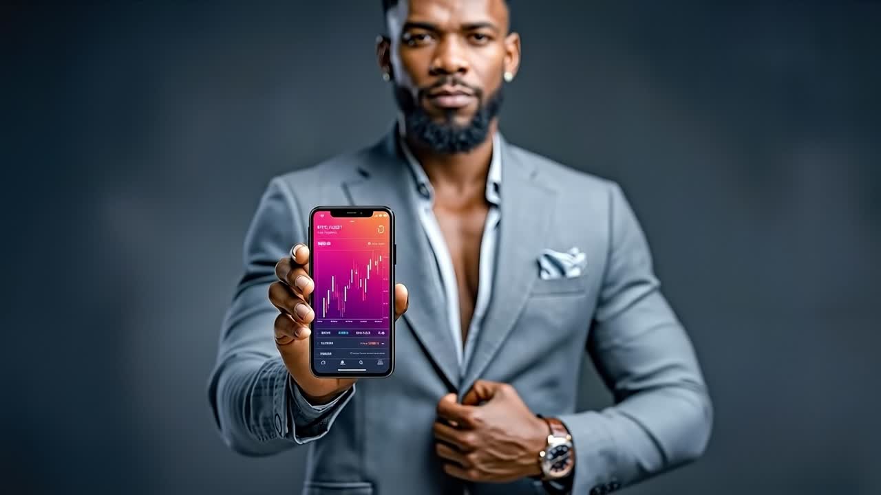 A man in a gray suit holding a phone with a stock market chart on the screen