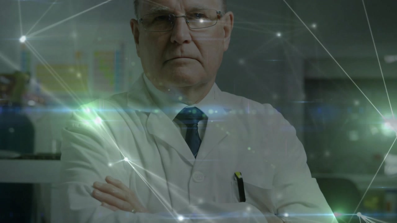 Sr scientist smoothing sleeves, folding arms in lab, camera revealing node overlay for data review