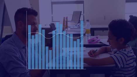 Animation-of-financial-graphs-over-diverse-male-teacher-and-pupils-in-classroom