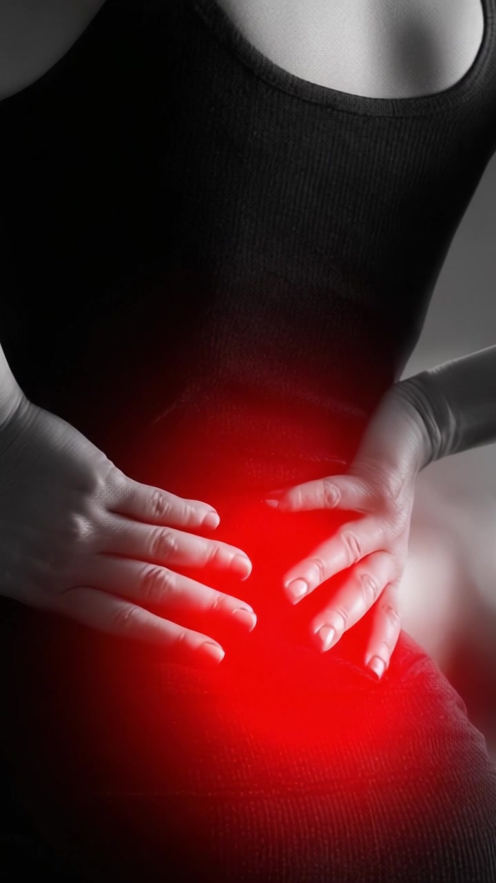 A Close-Up View of an Individual Grasping Their Abdomen, Highlighting Discomfort and Pain in the Lower Back Area, Portrayed with a Striking Use of Light and Shadow