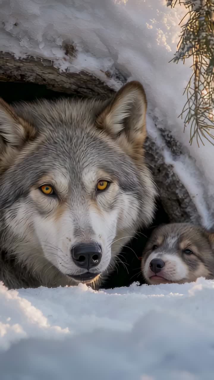 Vertical video: Holding adult wolf guarding pup at snow den entrance, sunlight rousing pup