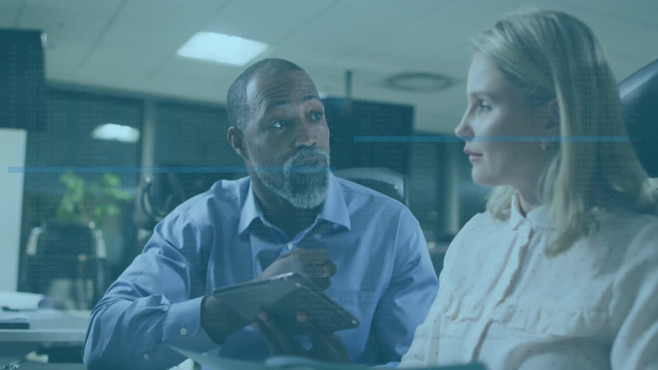 Animation of data processing over diverse business people talking