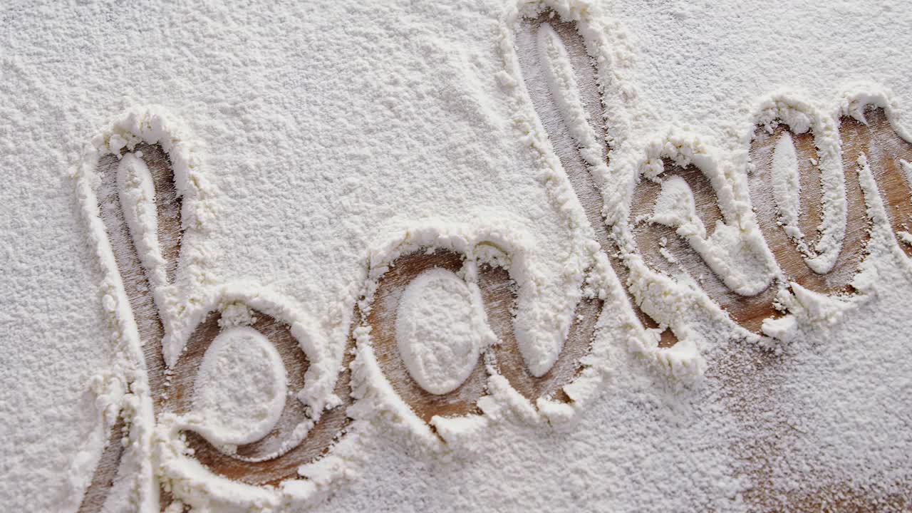 뿌린 밀가루 4k에 쓰여진 단어 베이커리