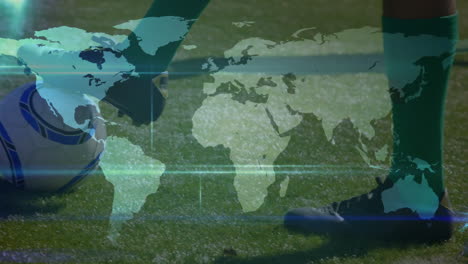 animation of network of connections with world map over football players practicing