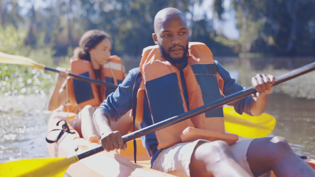 Kayak, nature and confused with couple in lake