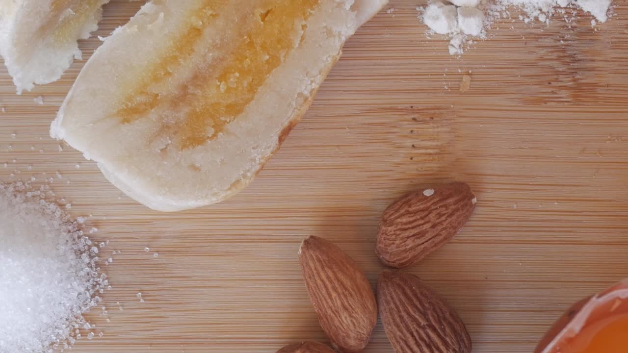 Ingredients for traditional sweet, Pan de Cadiz, on wooden board