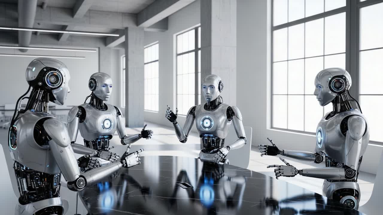 A Group of Advanced Robots Engaged in a Thought-Provoking Discussion in a Modern Futuristic Workspace, Exploring Artificial Intelligence and Collaboration.