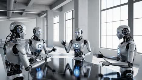 a group of advanced robots engaged in a thought-provoking discussion in a modern futuristic workspace, exploring artificial intelligence and collaboration.