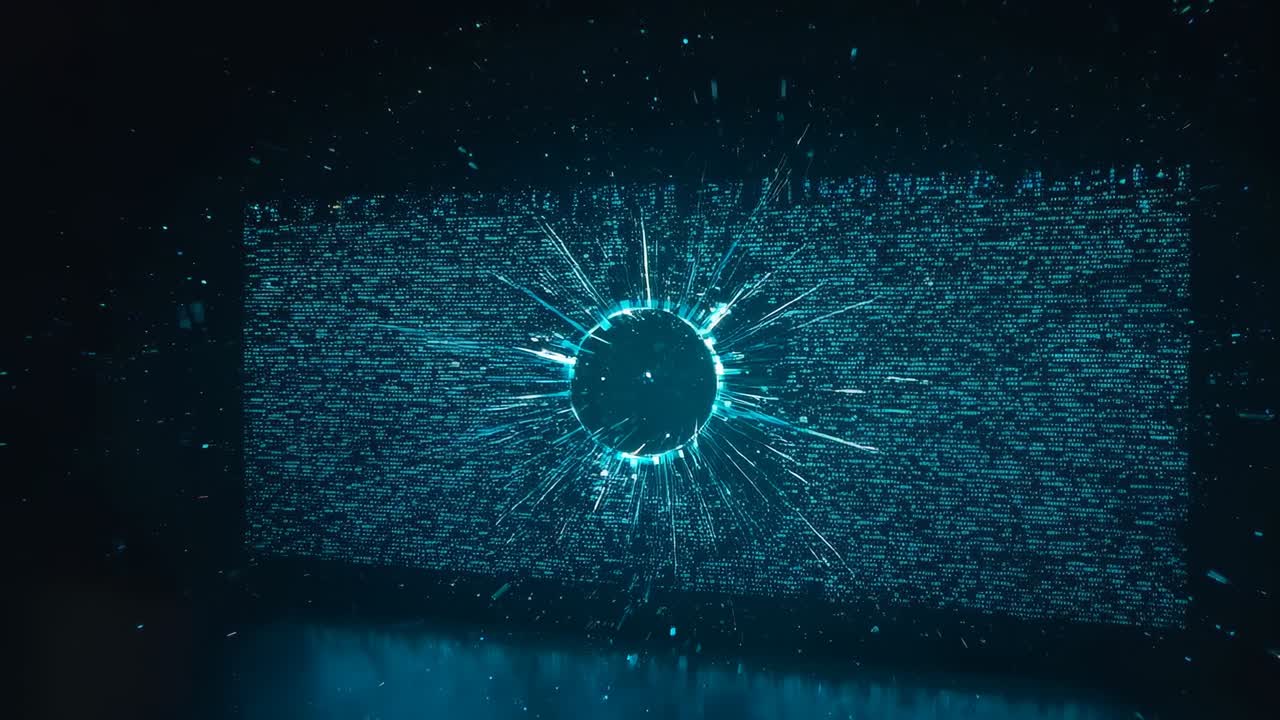 Pulsing central core emitting radial beams, particles on dark stage with LED panel, rising to peak