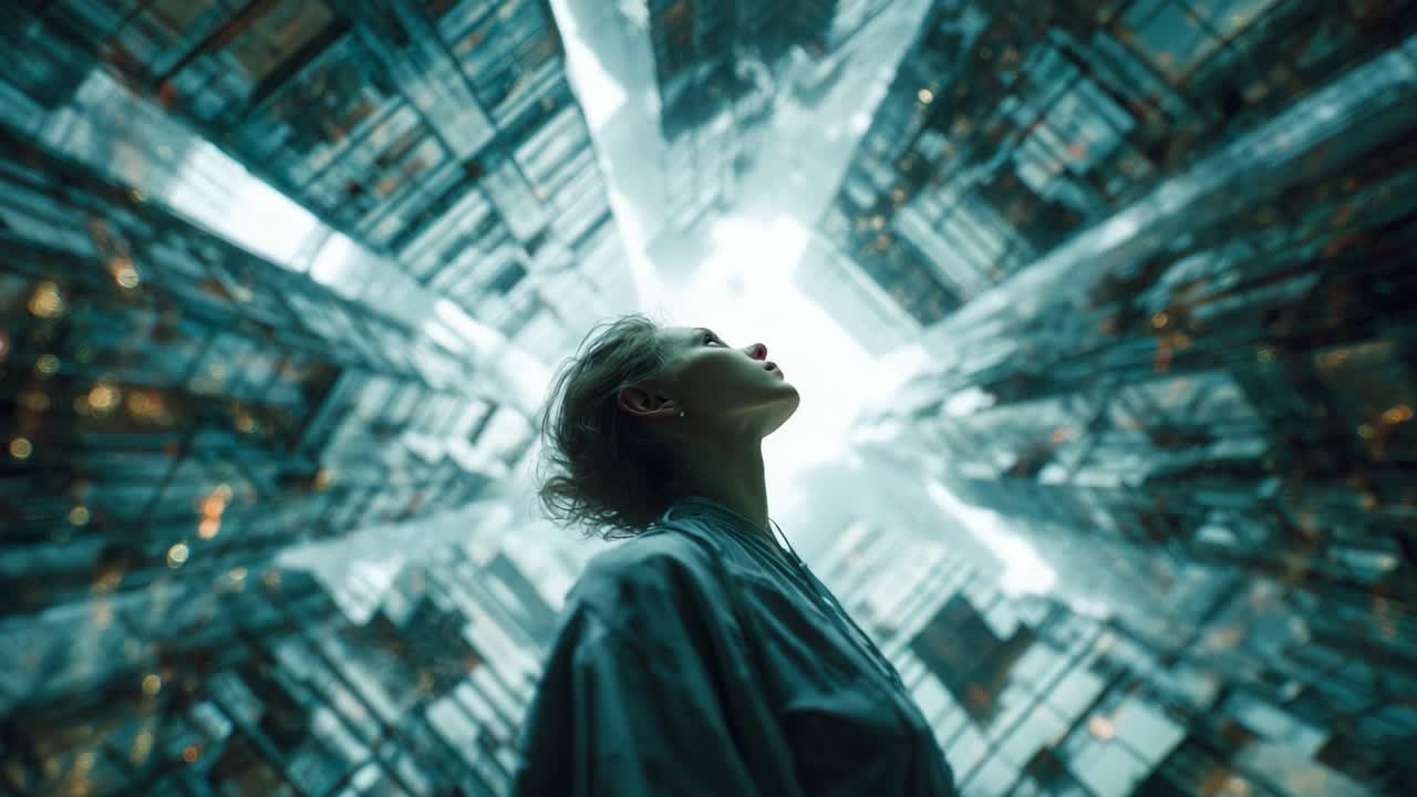 A solitary figure gazes upward in a towering urban environment, surrounded by sleek glass skyscrapers that reflect light, creating a mesmerizing and dreamlike atmosphere of introspection and wonder
