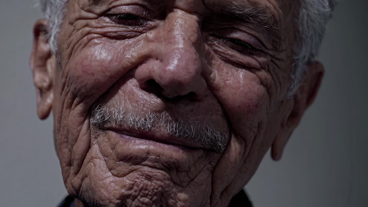 Aging man smiling peacefully, radiating hope with wisdom filled features glowing against luminous urban skyline, soft light embracing weathered countenance