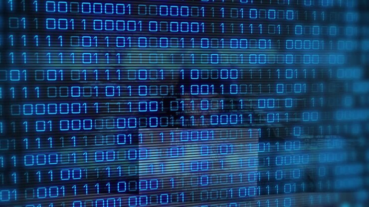 Animation of data processing over caucasian male hacker using laptop