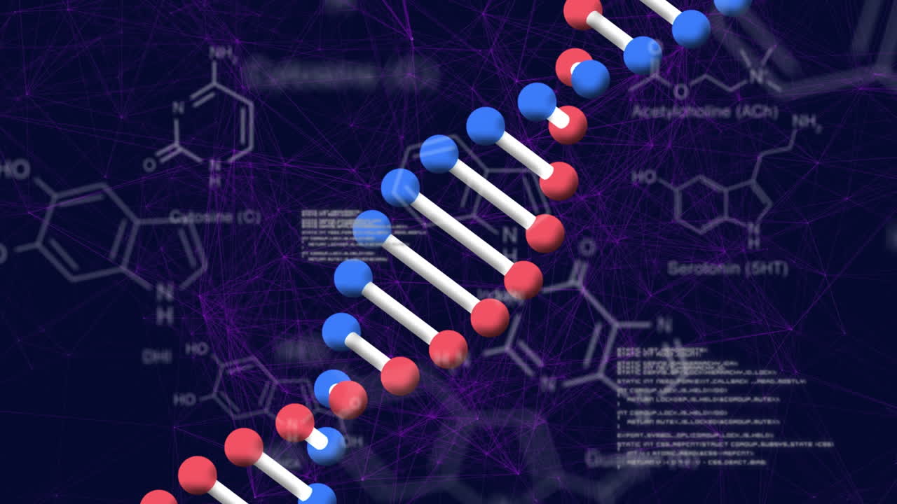 animación de la cadena de adn sobre el procesamiento de datos y la fórmula química en fondo negro