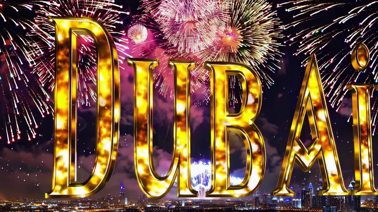 Golden Dubai sign with fireworks exploding over the city skyline at night, celebrating a special event with colorful bursts of light illuminating the dark sky