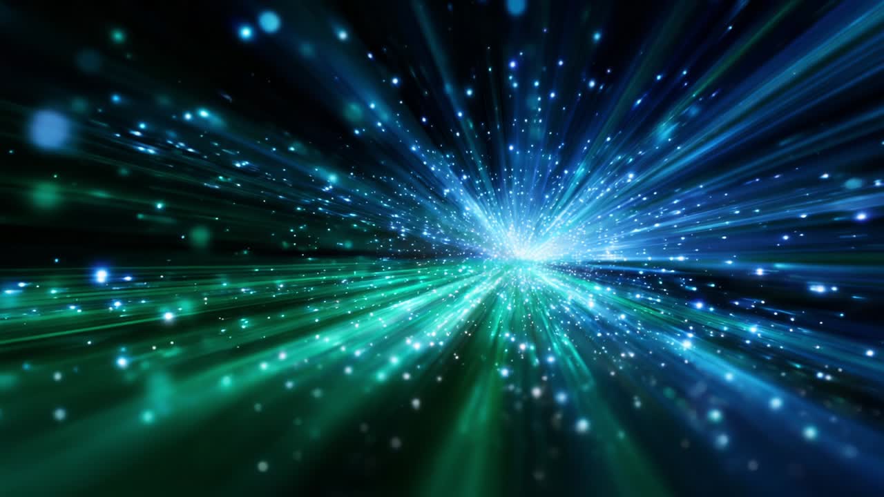 An entrancing visual display of cosmic energy radiates outward in vibrant blue and green hues, creating a mesmerizing sense of depth and movement, inviting viewers to explore the beauty of light in motion