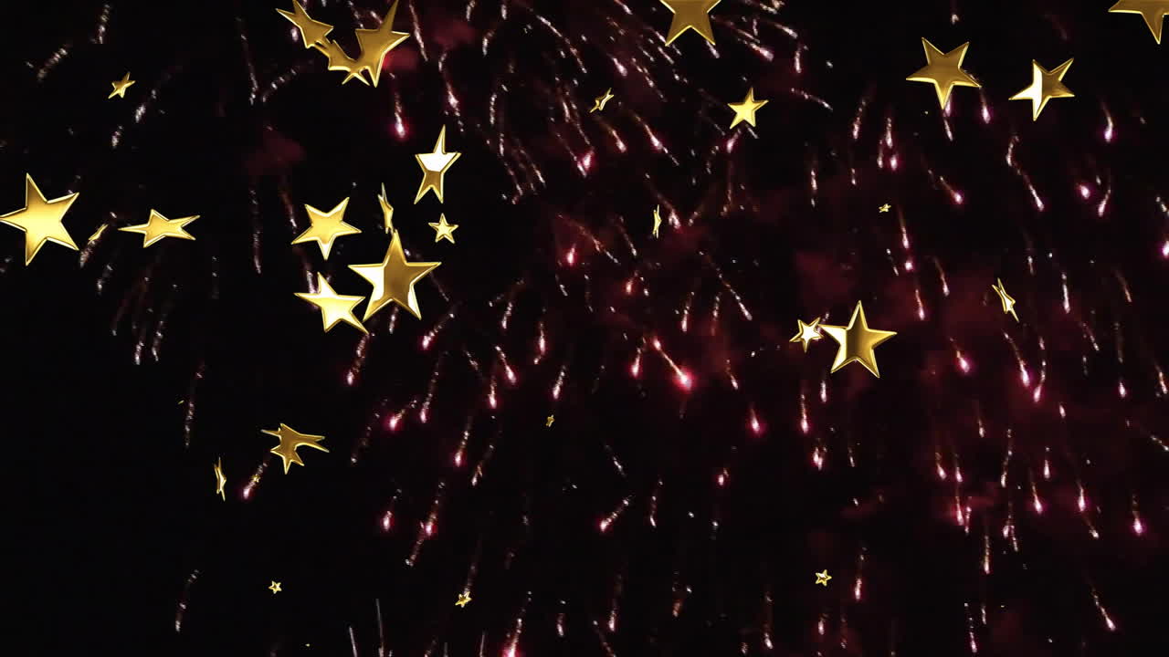 Golden stars animation in fireworks display lighting up dark sky